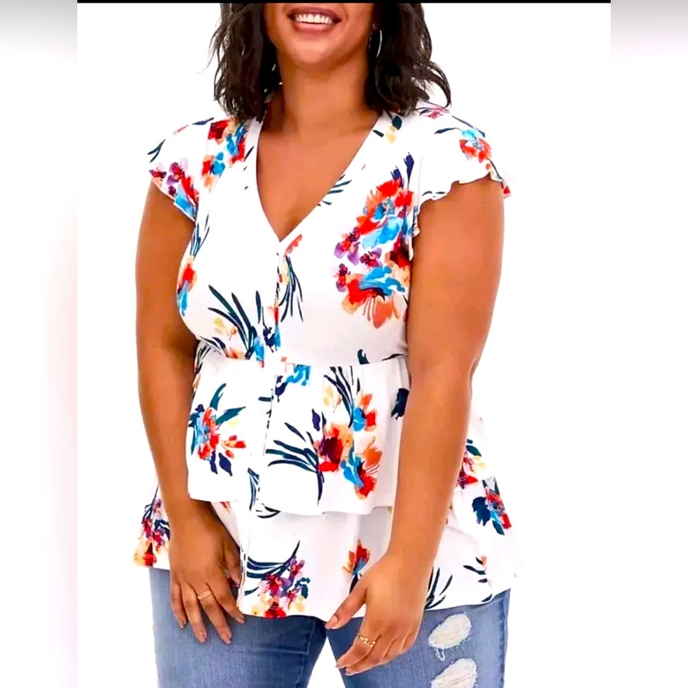 *Torrid Super Soft White Floral Button Front Layered Babydoll Top Tiered Sz 1 1X